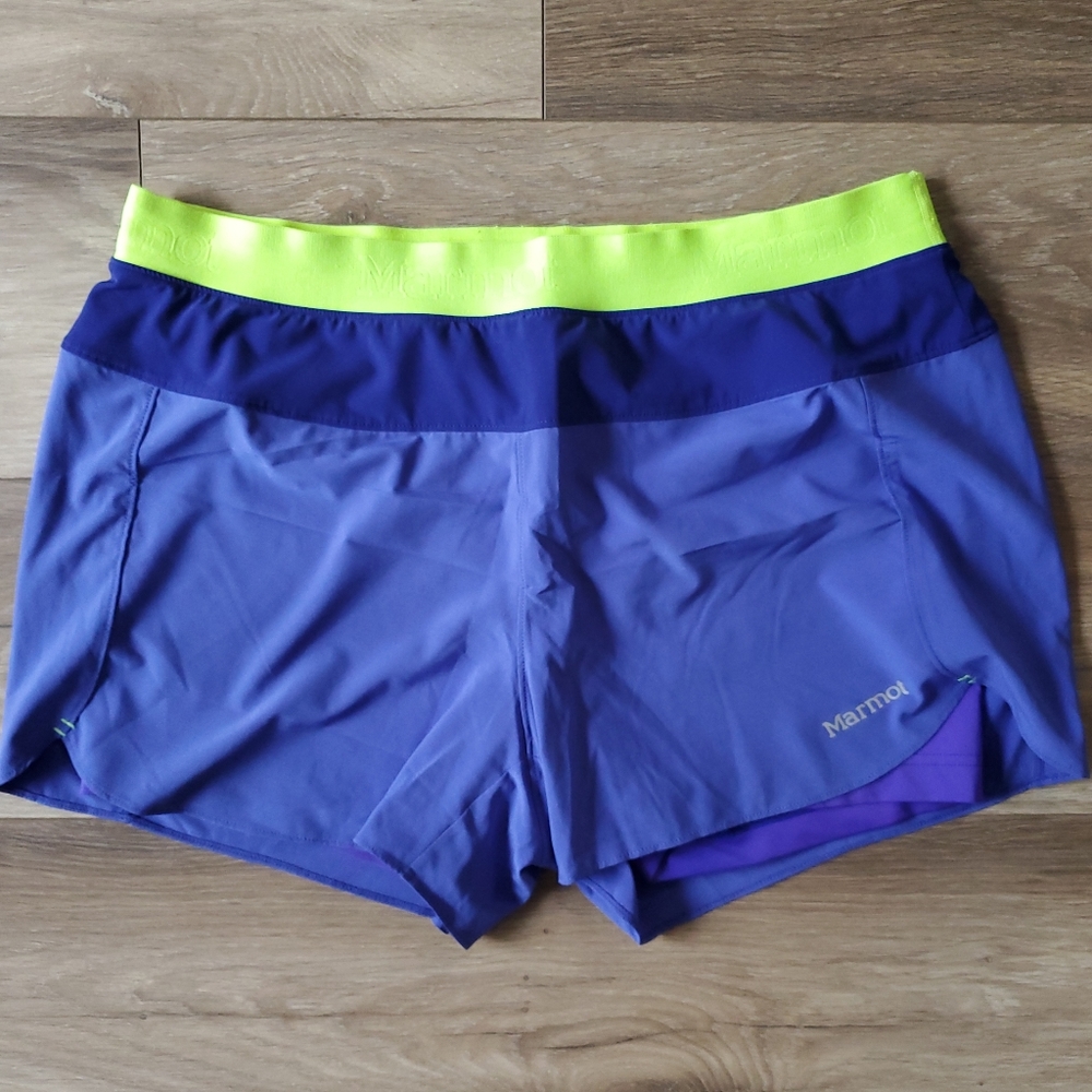 EUC Marmot women's running/athletic shorts, size XL/12, purple/blue, neon green